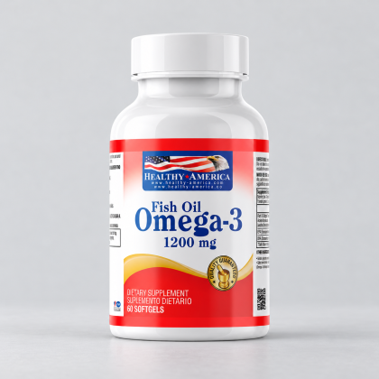 Omega‑3 Healthy America 1200 mg – 60 cápsulas blandas sobre fondo gris de catálogo
